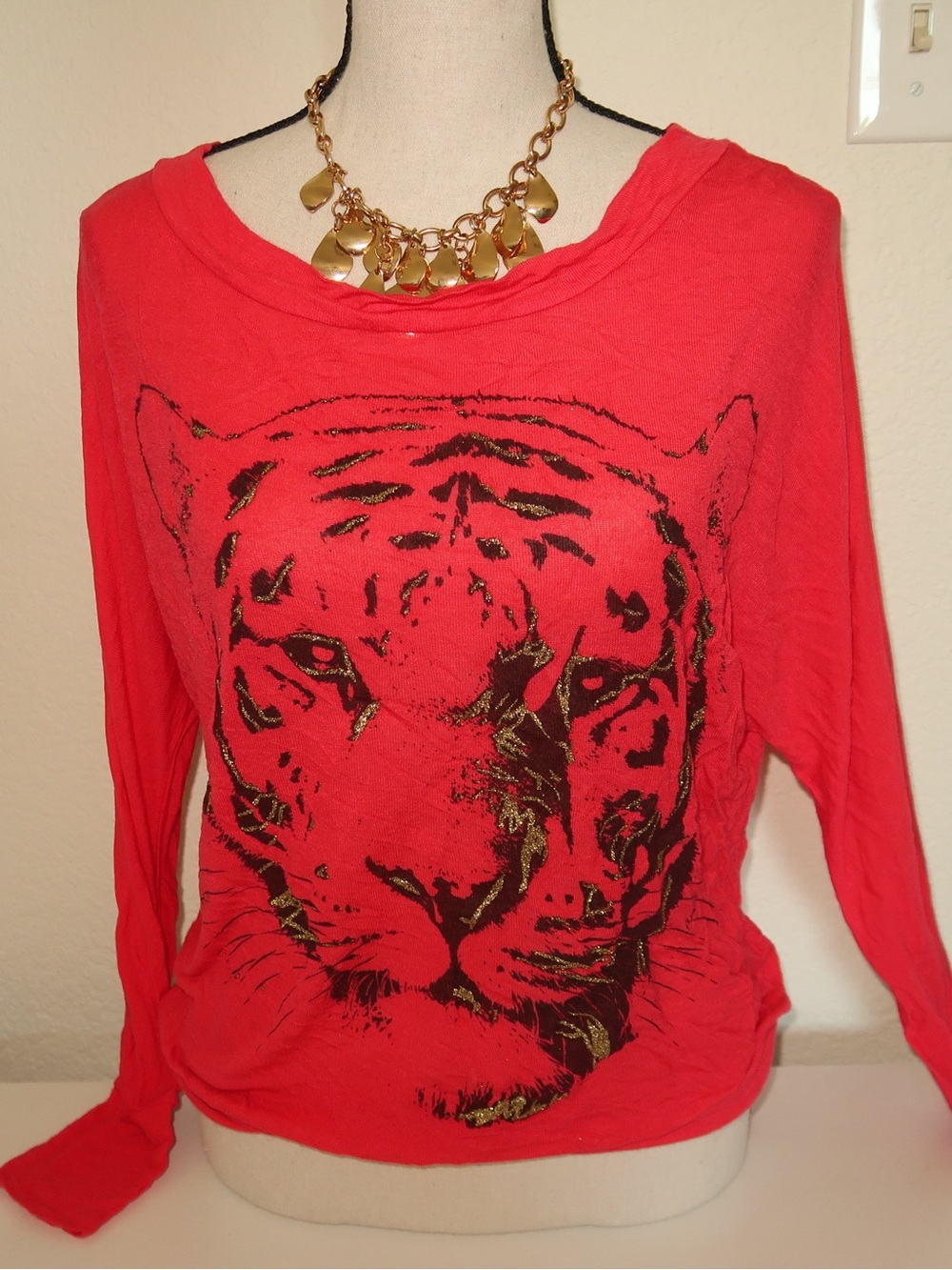 Women's Long Sleeve Tiger Print Top with Metallic Accents